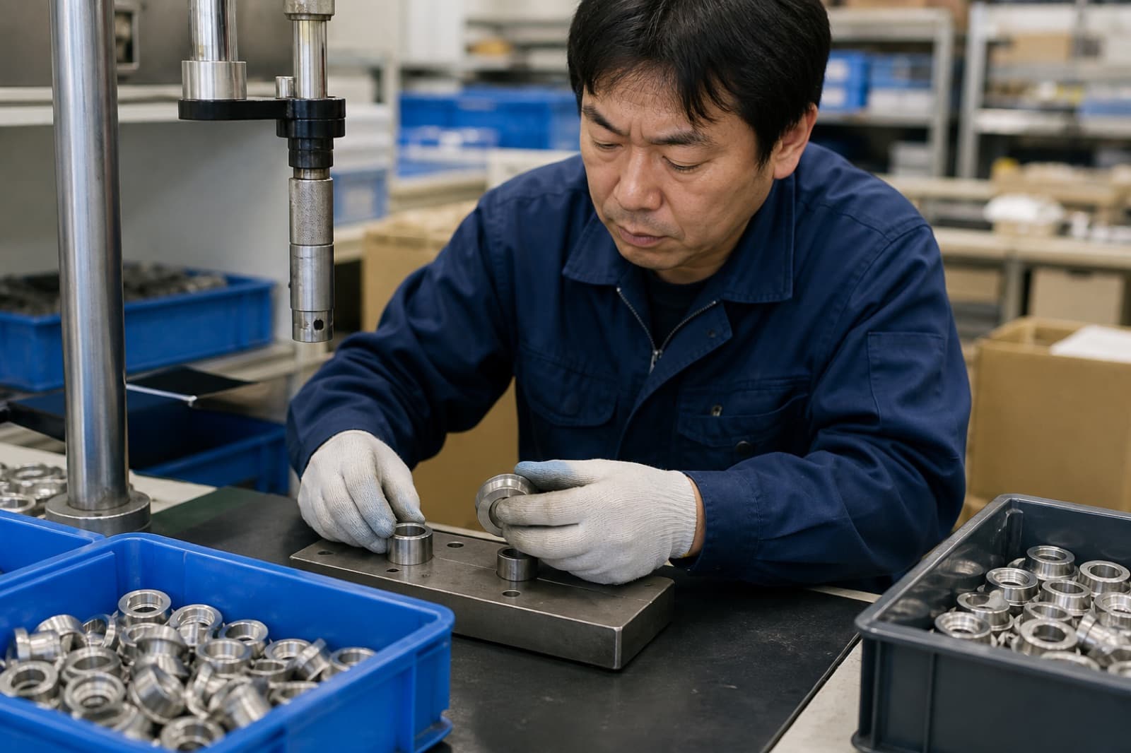 手で押し込む部品の圧入で位置ずれや作業負担が生じるイメージ