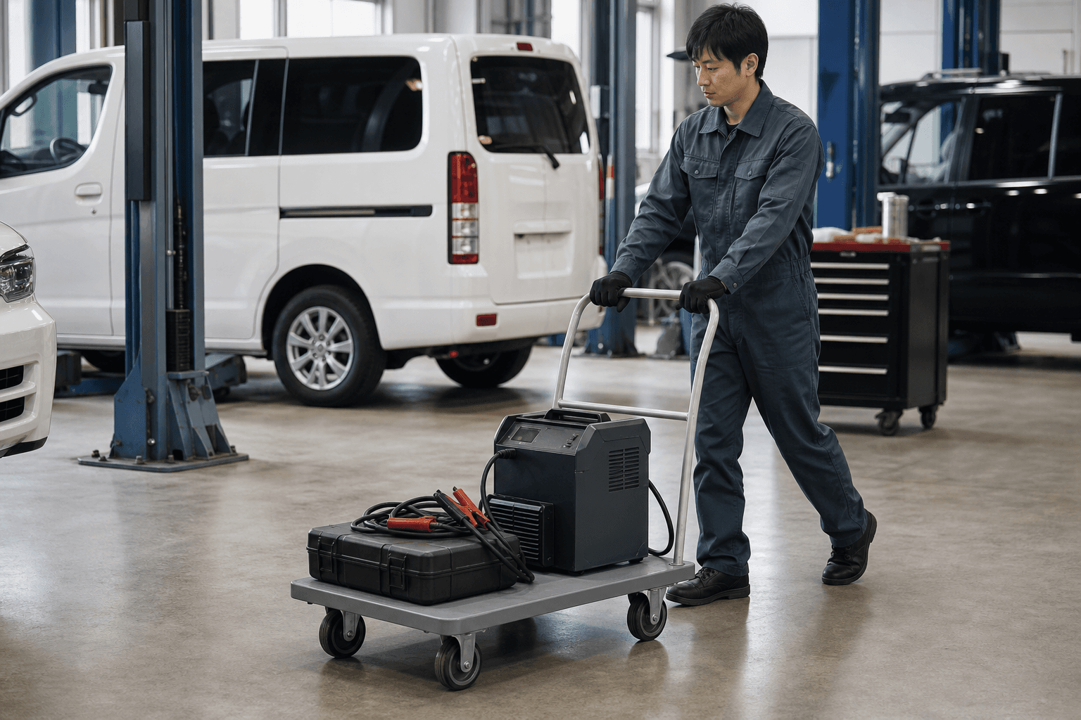 大型急速充電器と整備工具を台車で運ぶイメージ