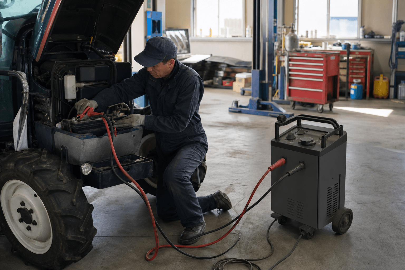 農機や車両のバッテリーを急速充電器で整備するイメージ