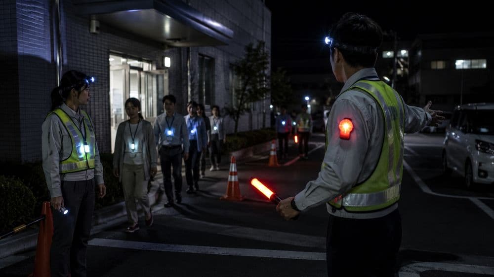 夜間の屋外でLED警告灯を使って誘導するイメージ