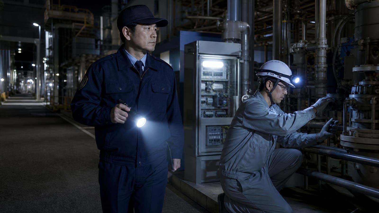 夜間巡回で懐中電灯とヘッドライトを使い分けるイメージ