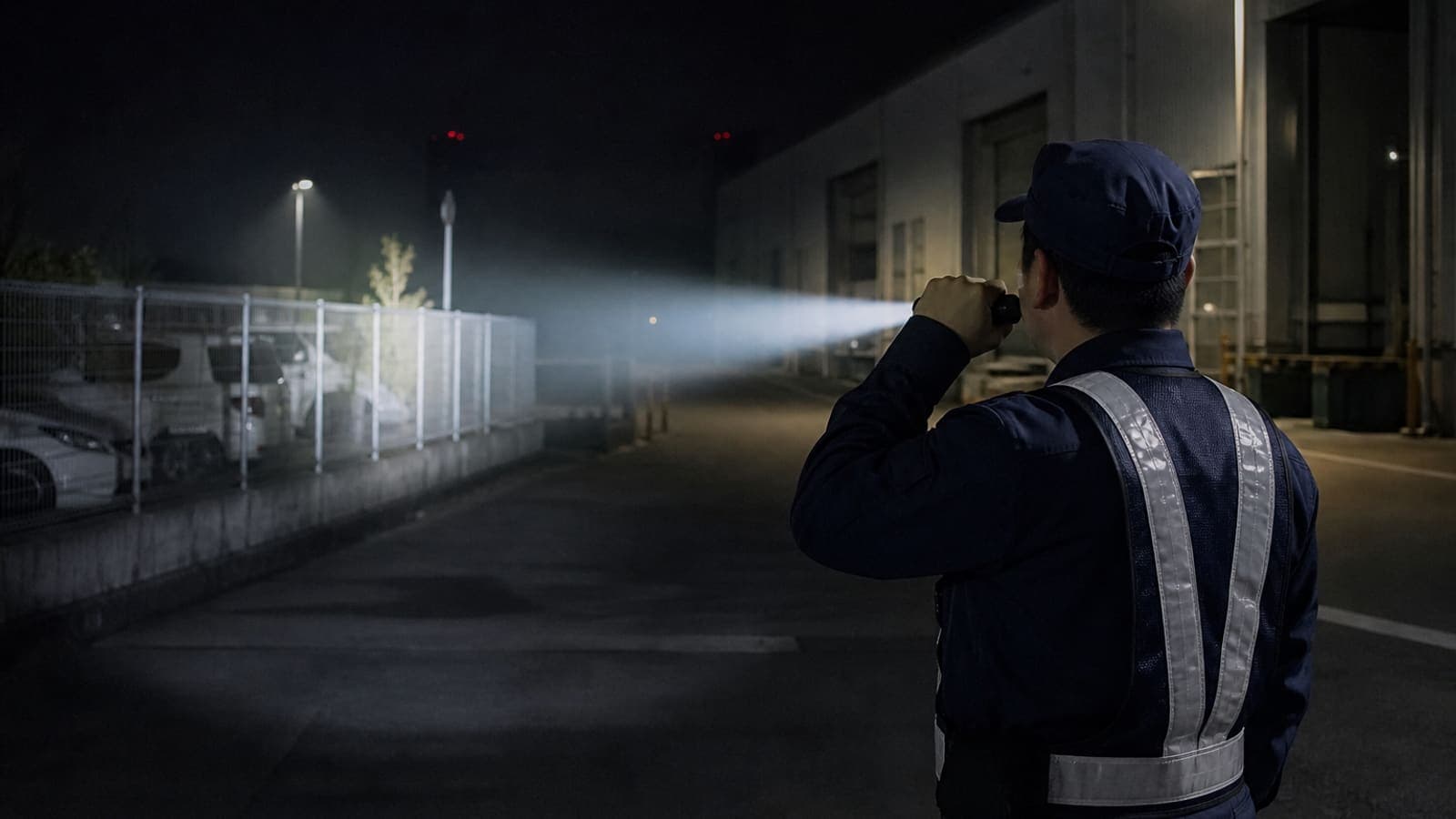 警備員が高輝度懐中電灯で建物外周を確認するイメージ