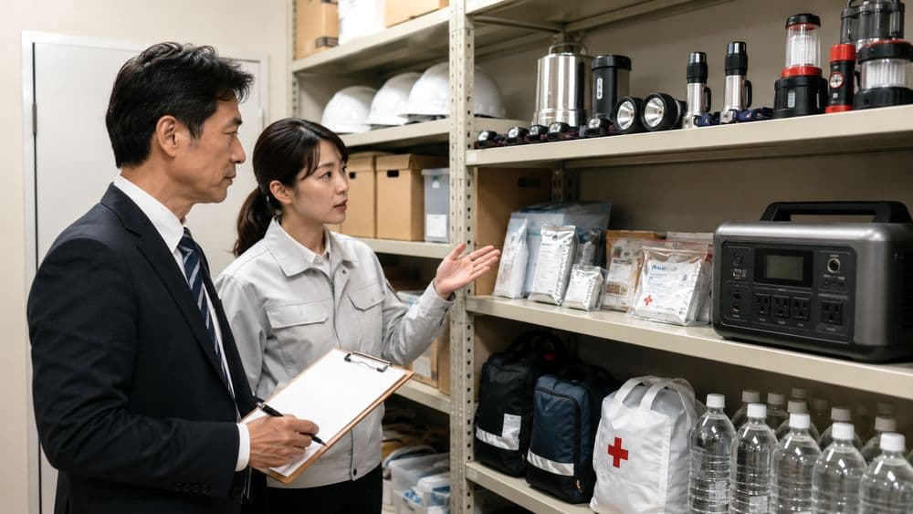 会社の防災用品リストを確認する総務担当者のイメージ