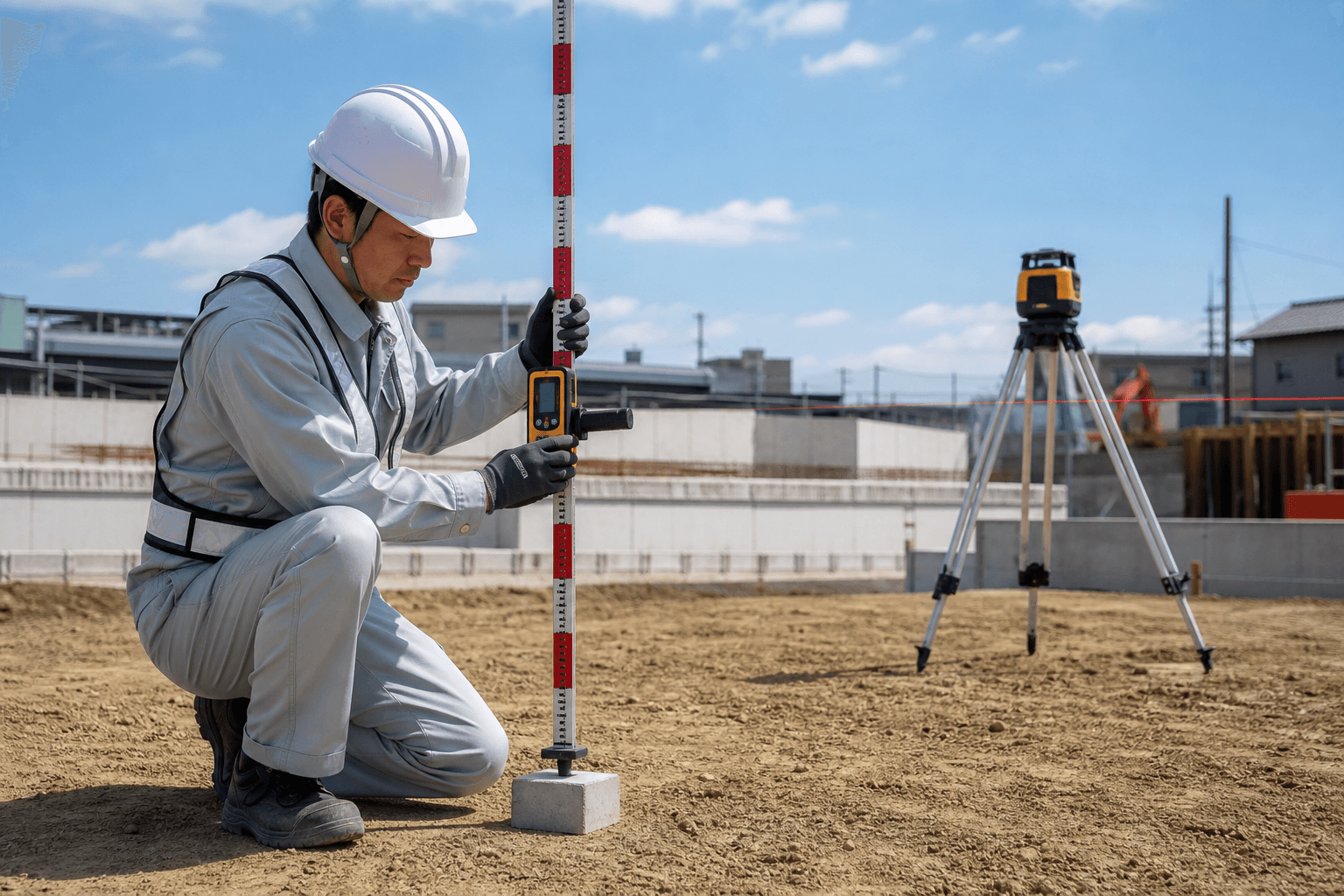 基準点で受光器を合わせてレーザー面の高さを確認するイメージ