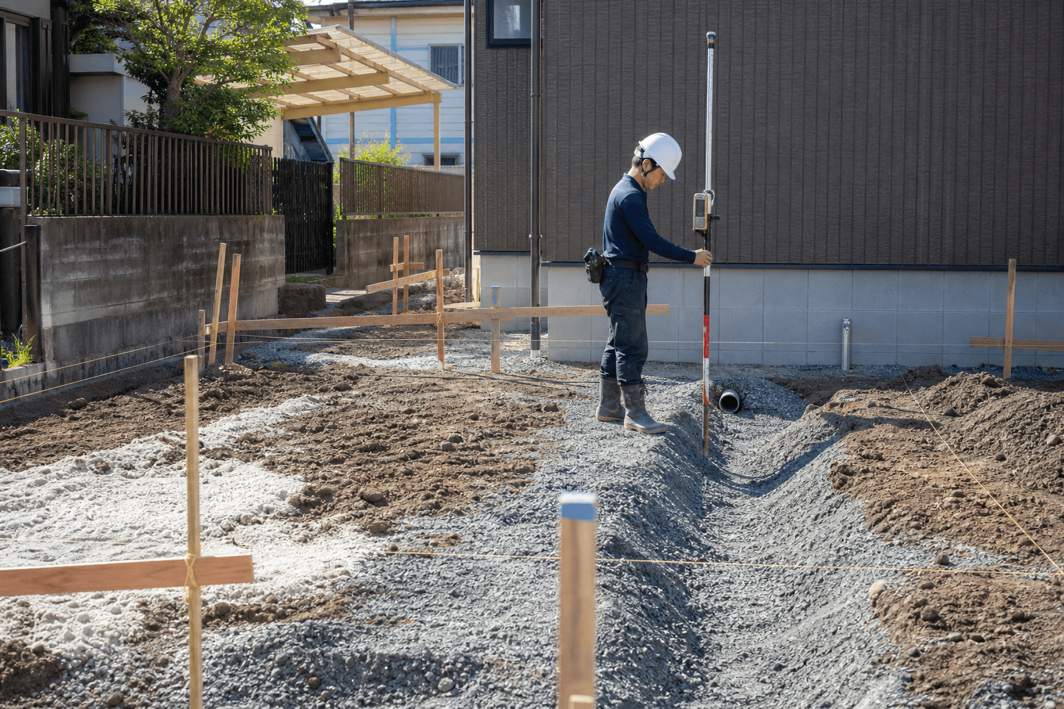 外構と造成現場で複数の測点を一人で確認するイメージ