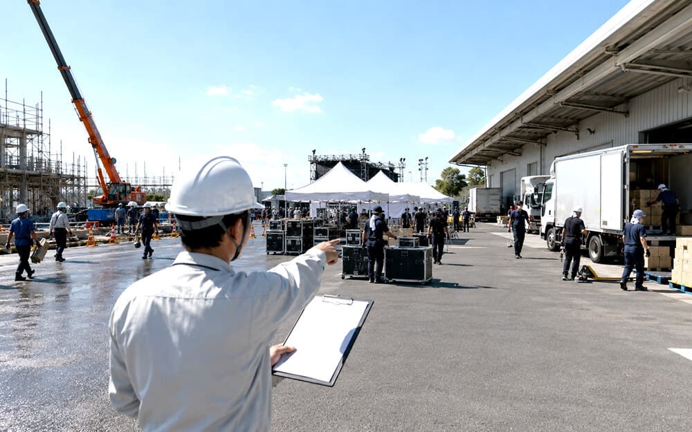 工事現場・イベント会場・屋外倉庫の熱中症リスクを比較するイメージ