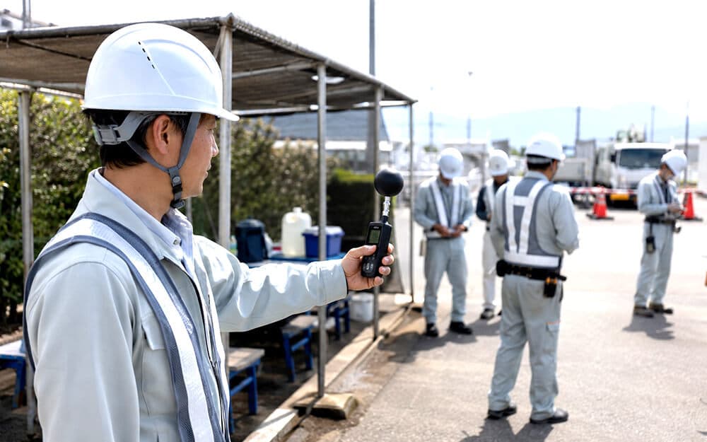 屋外作業前に暑さ指数WBGTを測定する現場スタッフ