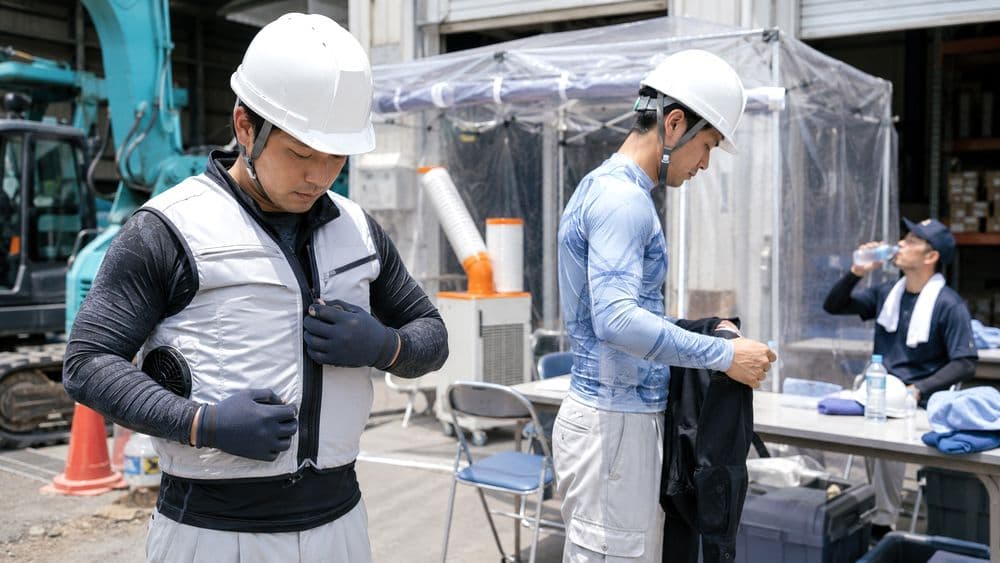 作業中に冷却ベストやインナーを着用する屋外作業者のイメージ
