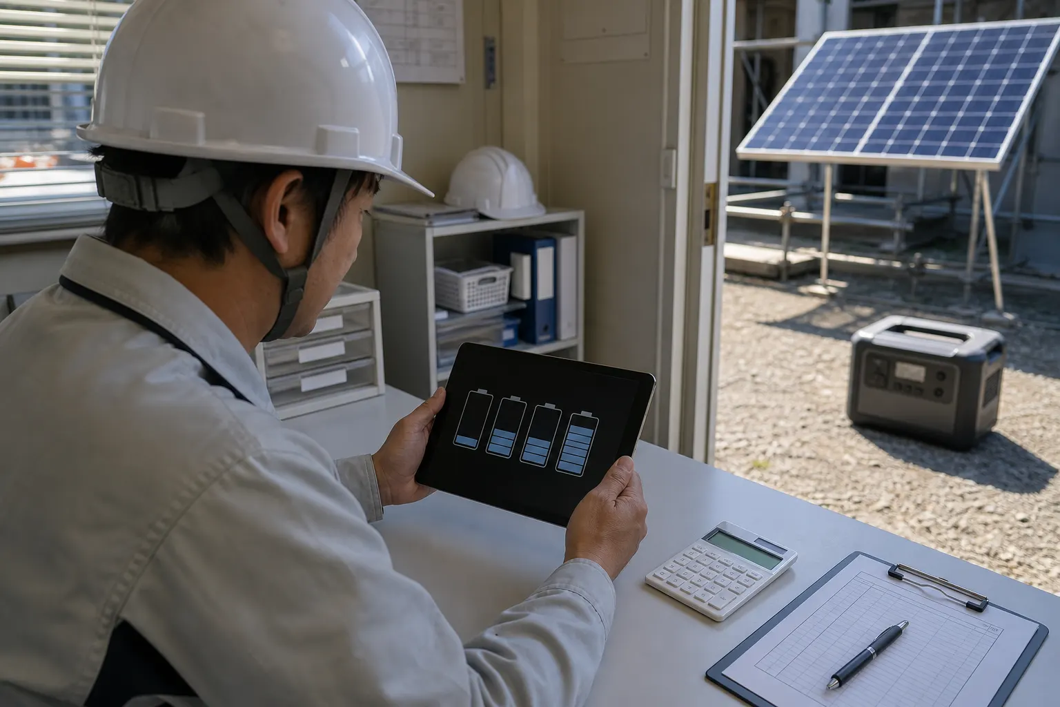 現場担当者がポータブル電源の消費量と充電量を確認するイメージ