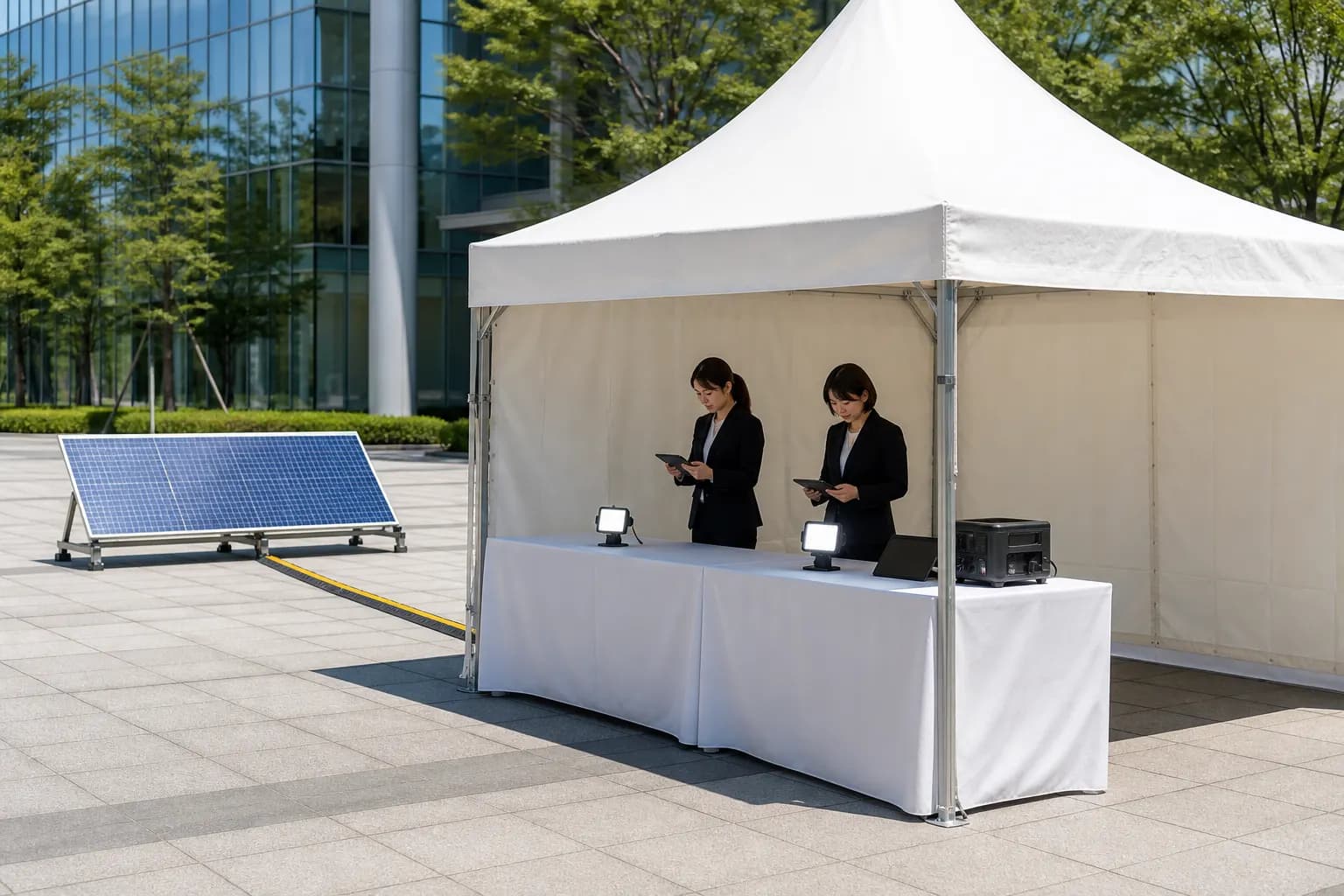 屋外イベント受付でポータブル電源とソーラー充電を使うイメージ