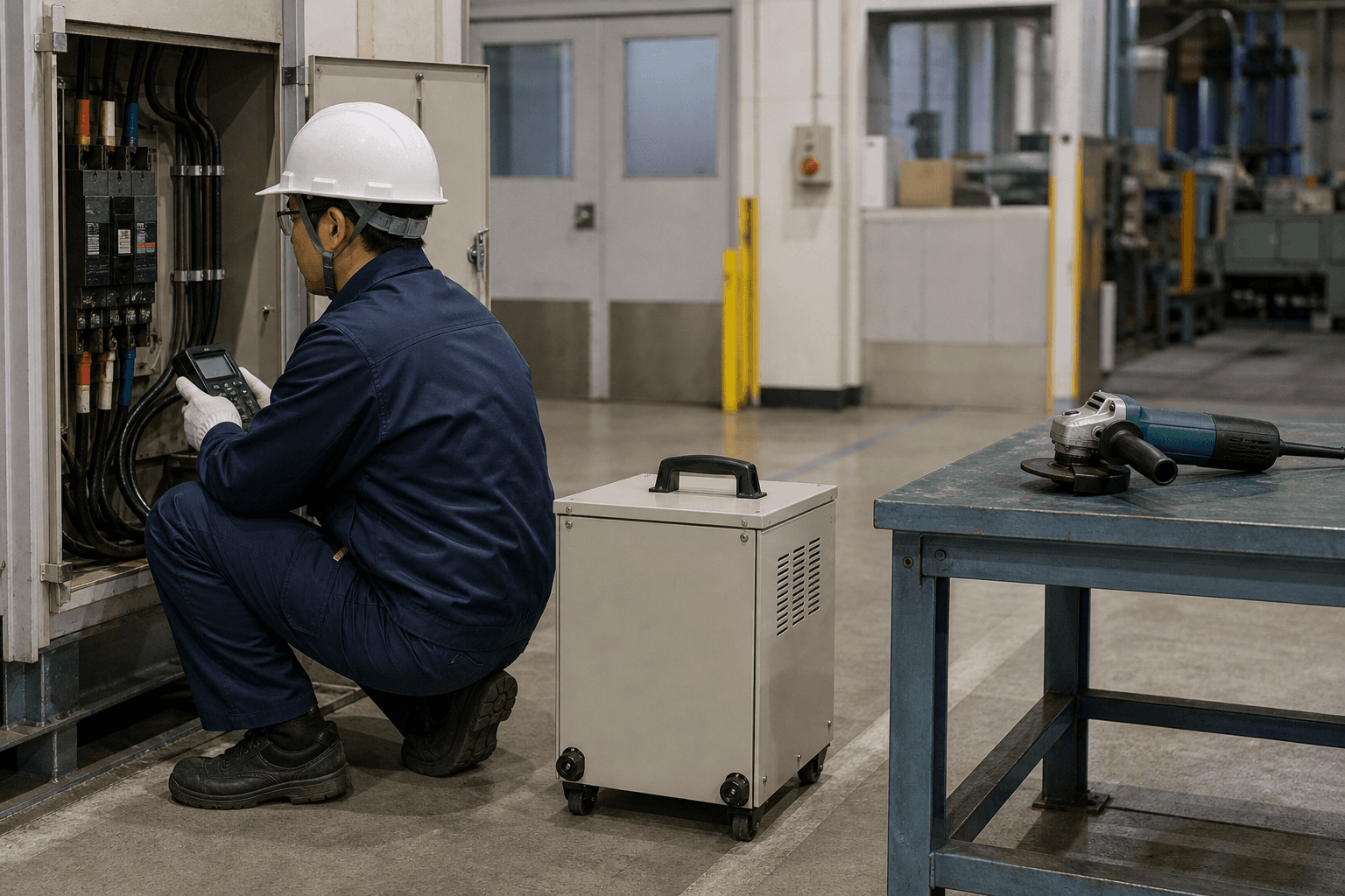 200V電源しかない現場で100V工具を使いたい状況のイメージ