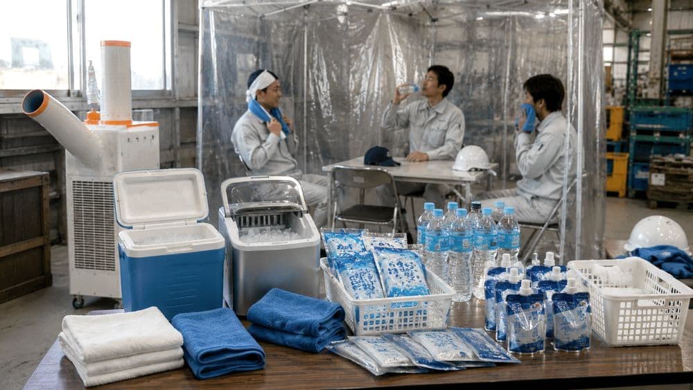 休憩所に氷や冷たい飲料を用意する熱中症対策のイメージ