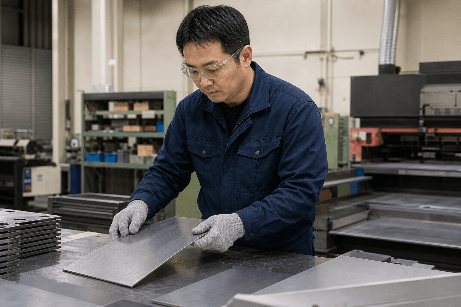 金属板を扱う作業者が耐切創手袋を着用するイメージ