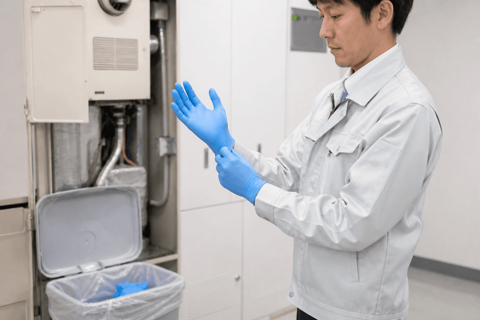 点検や清掃作業で使い捨て手袋を交換しながら使うイメージ