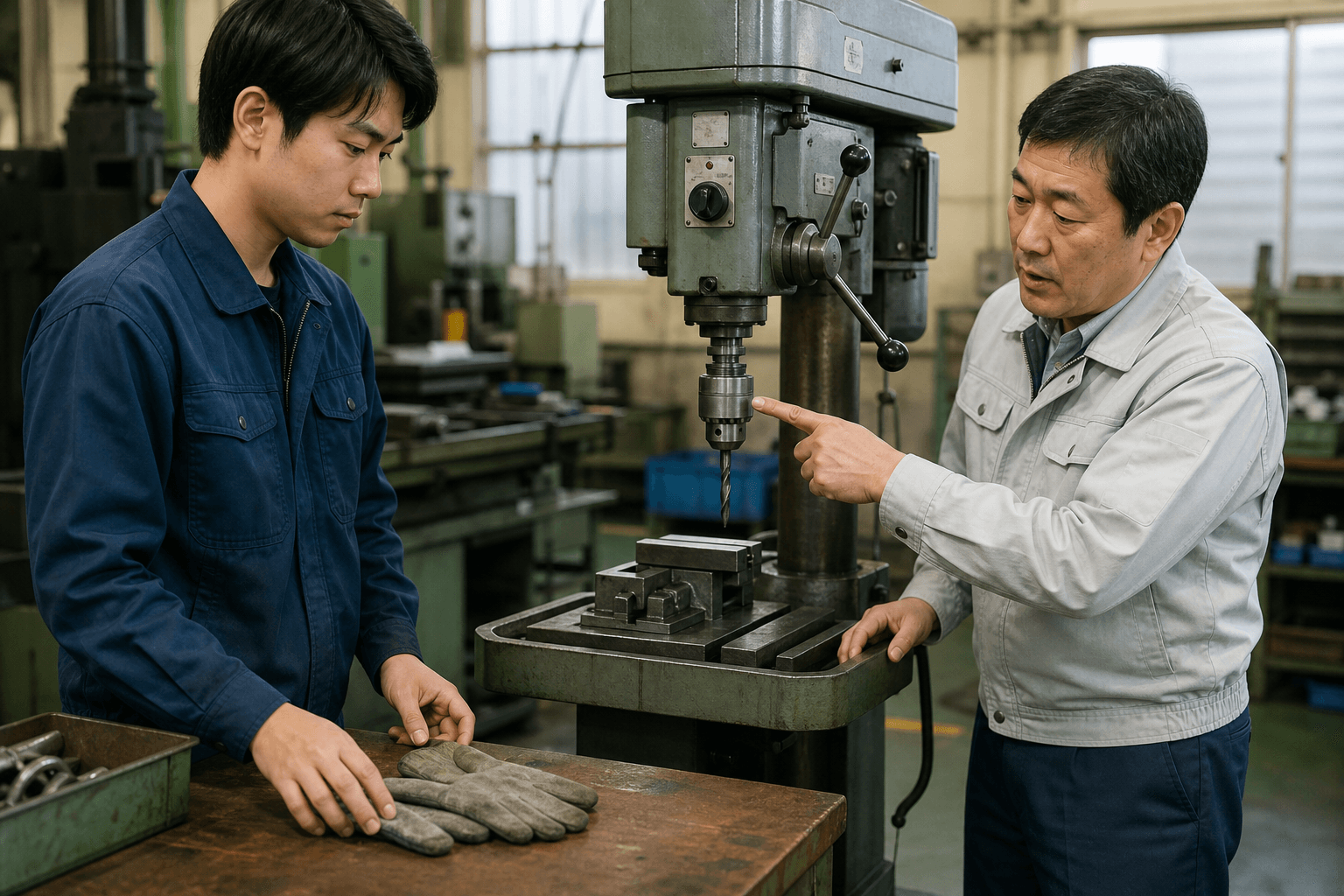 ボール盤など回転工具では手袋の巻き込みに注意する安全教育イメージ