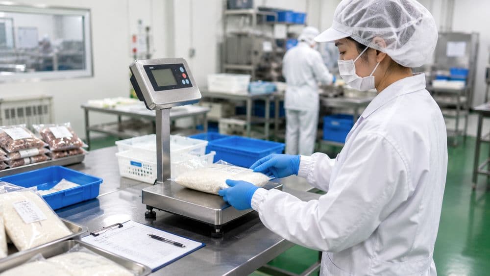 品質管理の現場でコンパレータ機能を使い重量チェックを行う作業