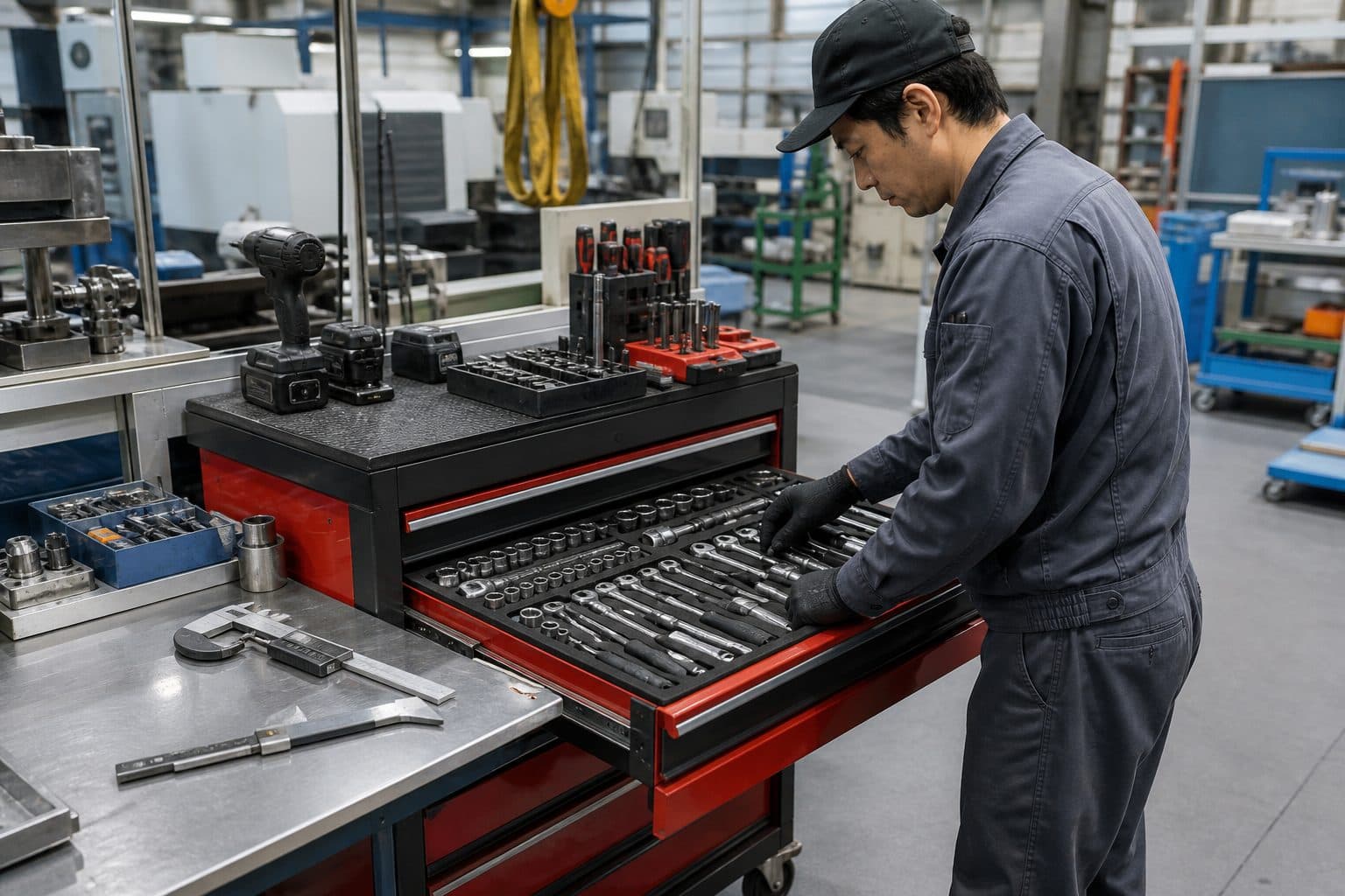 工場保全部門でローラーキャビネットを使って工具を整理するイメージ