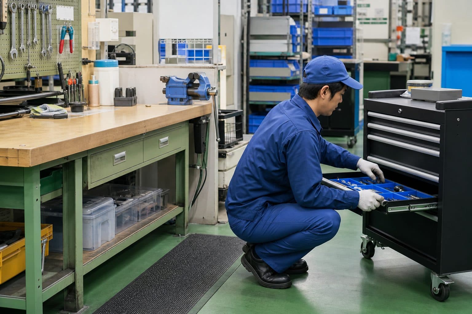作業台の横にローラーキャビネットを配置したイメージ