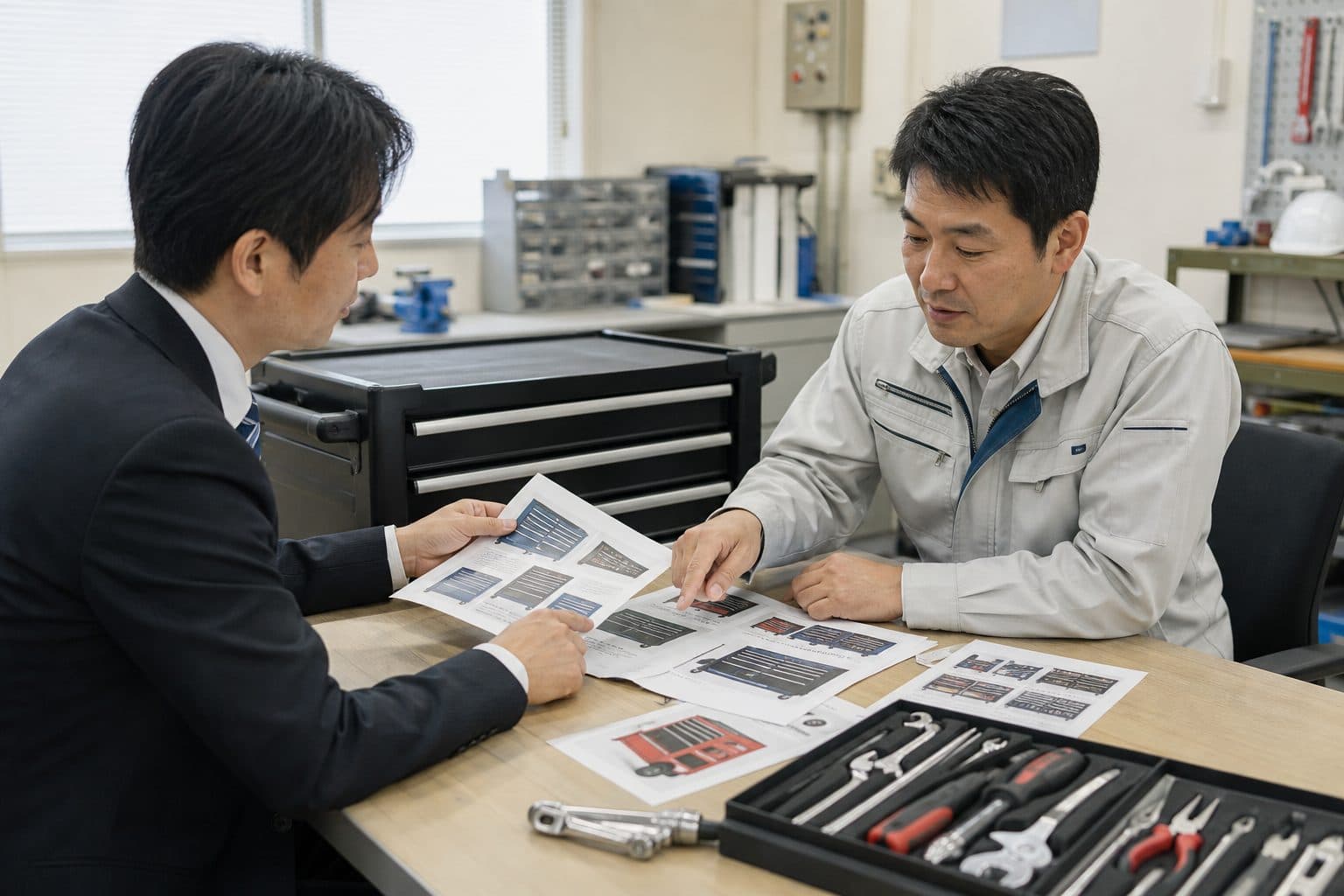 購買担当者と現場責任者が工具収納を検討するイメージ