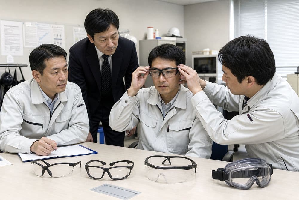 法人担当者が複数種類の保護メガネを試着比較して標準化するイメージ