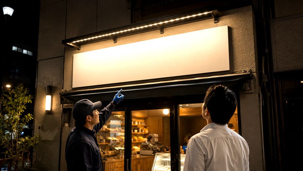 既存看板にLED照明を後付けして夜間でも見やすくするイメージ