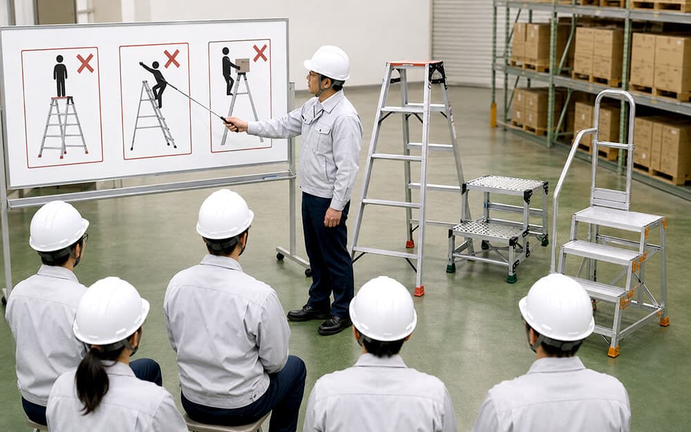 脚立作業で避けたい天板乗りや荷物を持った昇降の注意イメージ
