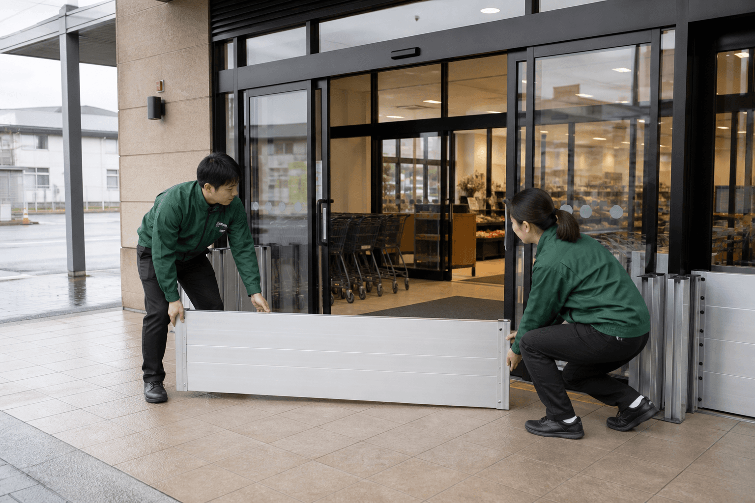 路面店の自動ドア前に簡易止水パネルを準備するイメージ