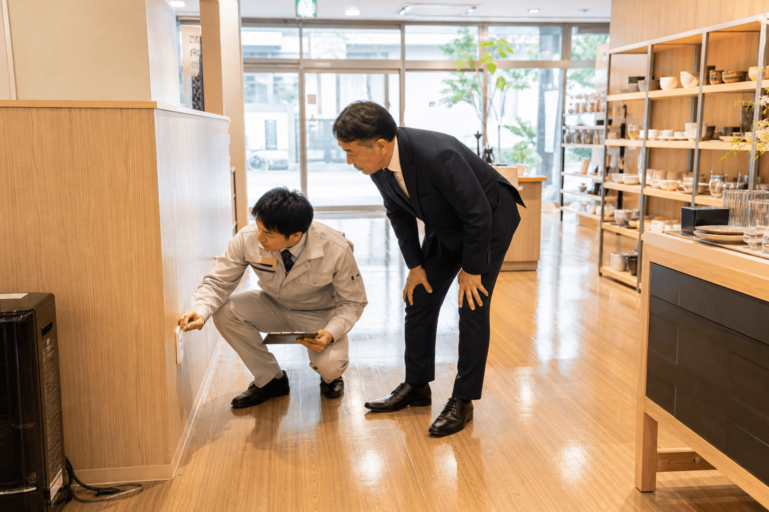 浸水後に店舗の安全と衛生を確認して営業再開を判断するイメージ