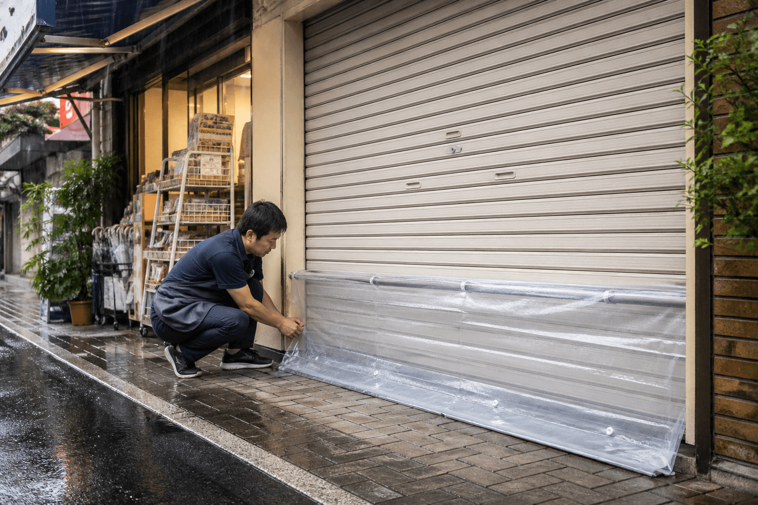 軽量シャッター前で雨水侵入対策を準備する店舗イメージ