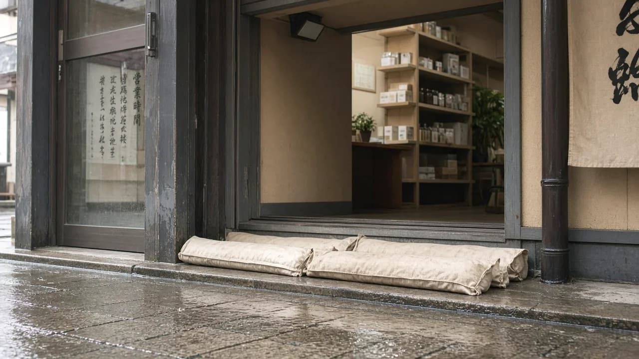店舗入口の敷居沿いに吸水材を置いて軽微な雨水流入を抑えるイメージ