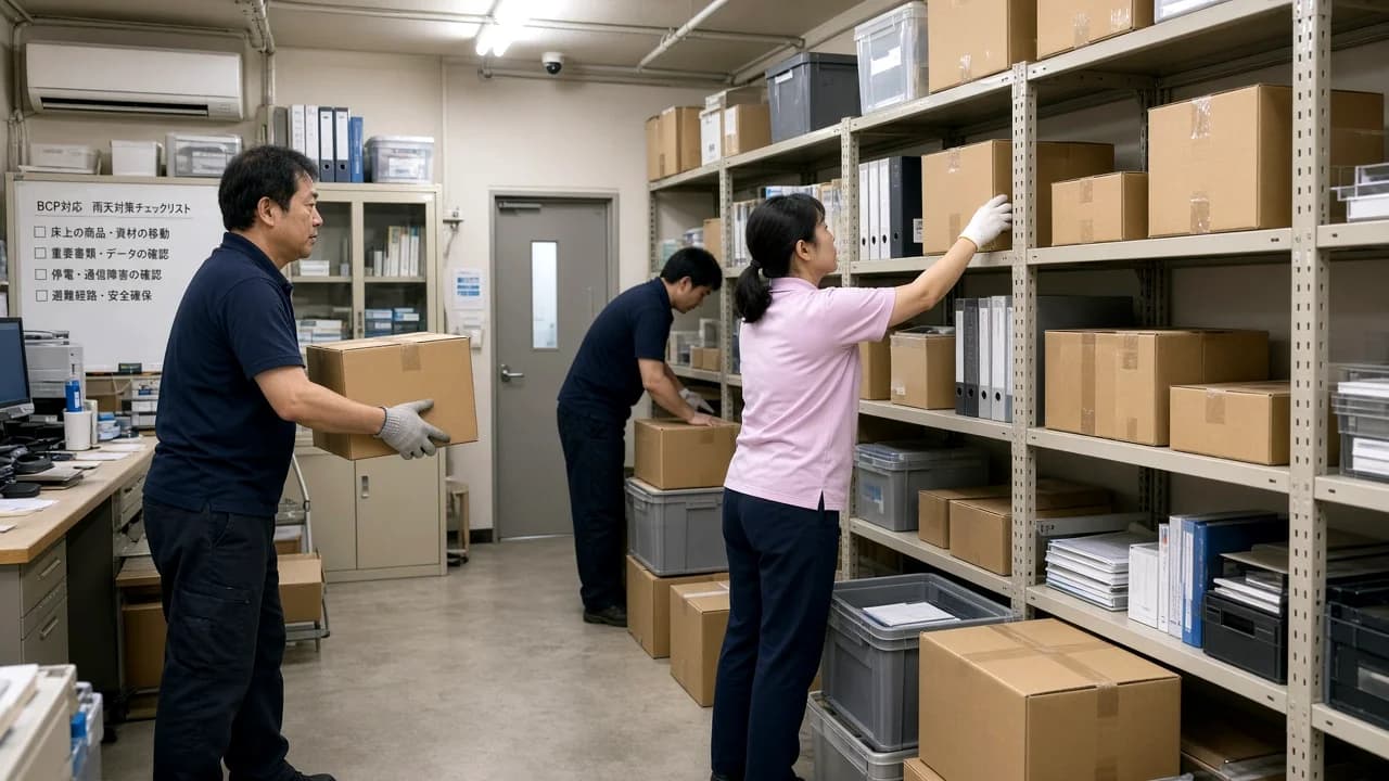 豪雨前に床置き在庫や重要物を高い棚へ移す店舗バックヤードのイメージ