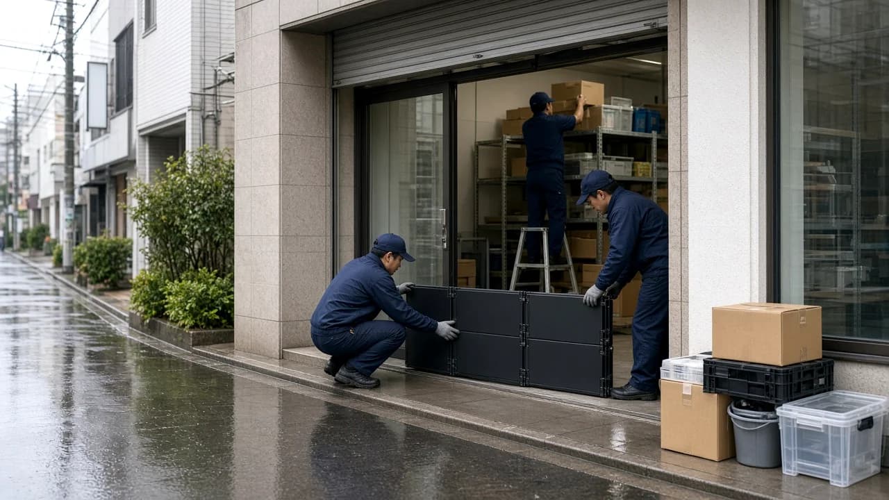 豪雨前に店舗入口で止水板を設置し在庫を高い位置へ移す準備のイメージ