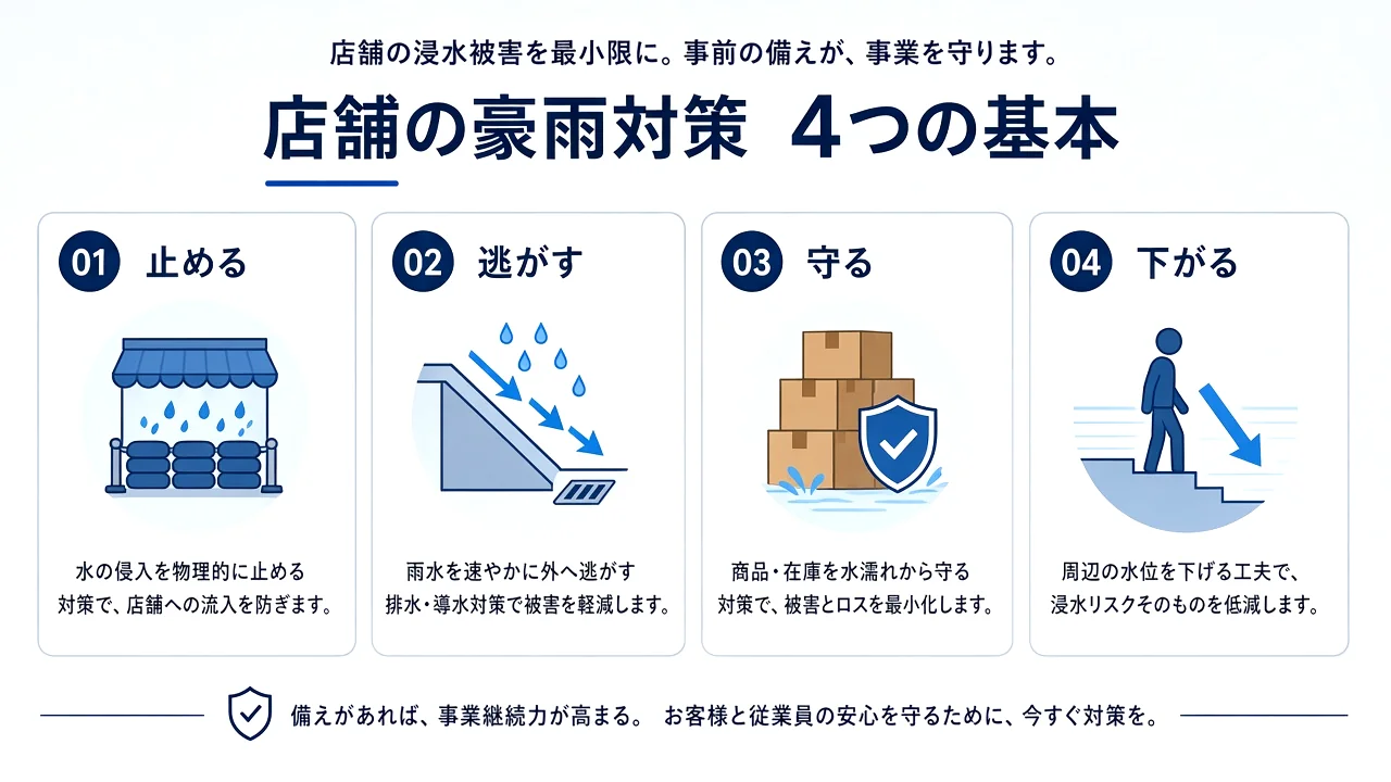 止める・逃がす・守る・下がるの4つの豪雨対策コンセプト図