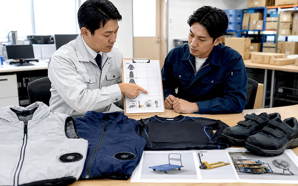 倉庫作業の夏服装と作業用品の導入チェックリストを確認する購買担当者