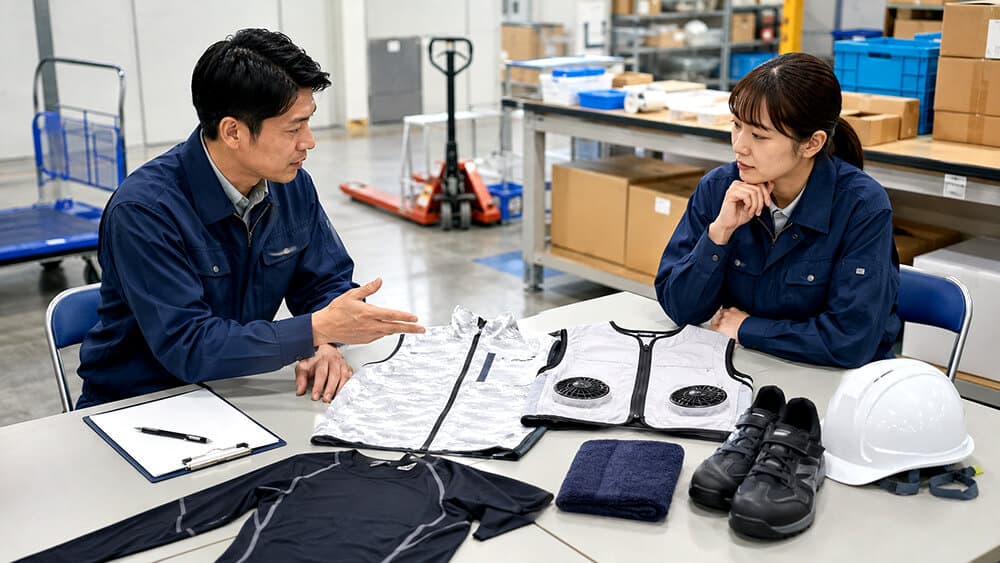 倉庫作業の夏服装を検討する現場責任者と作業スタッフ