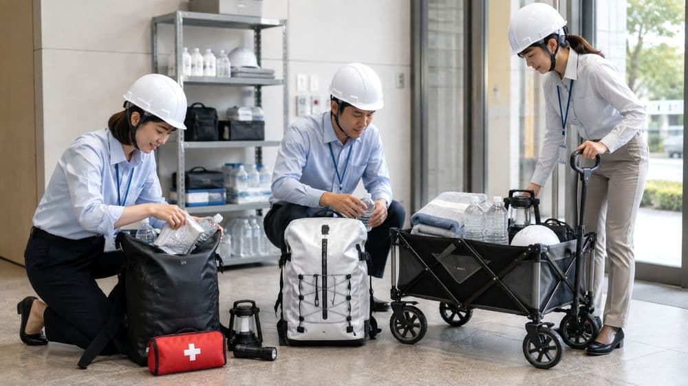防水リュックと折り畳みキャリーカートで備蓄品を運ぶイメージ