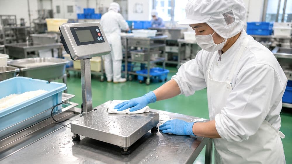 食品工場でIP65対応の防水電子台はかりを水洗い清掃する作業