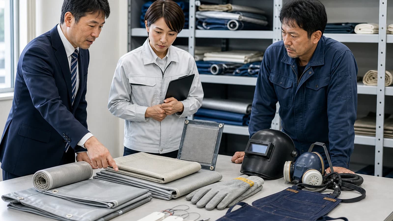 法人担当者がスパッタシート・火花用衝立・溶接保護具の備品計画を確認するイメージ