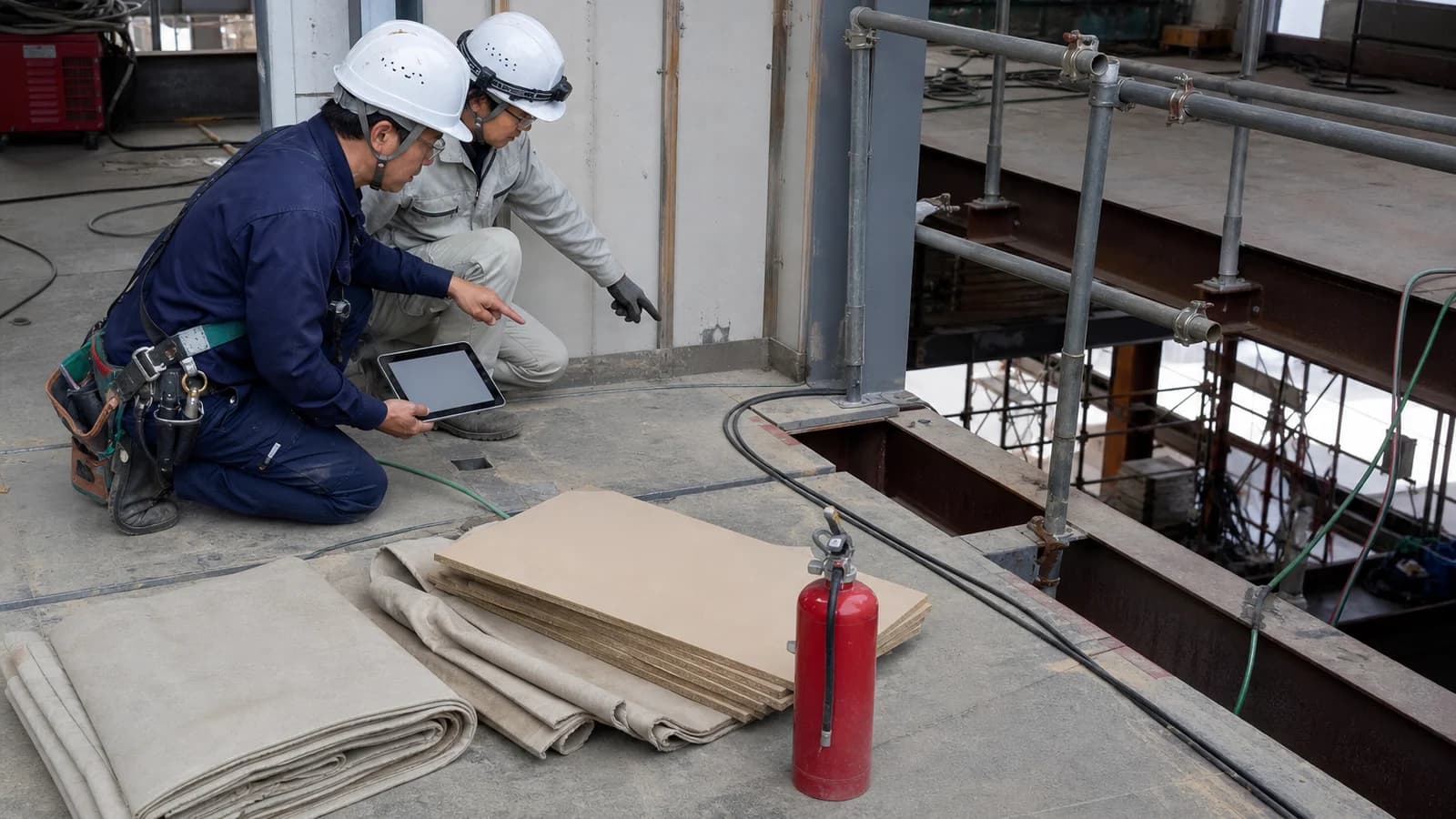 溶接前に床・壁・設備裏・開口部・階下の火花経路を確認するイメージ