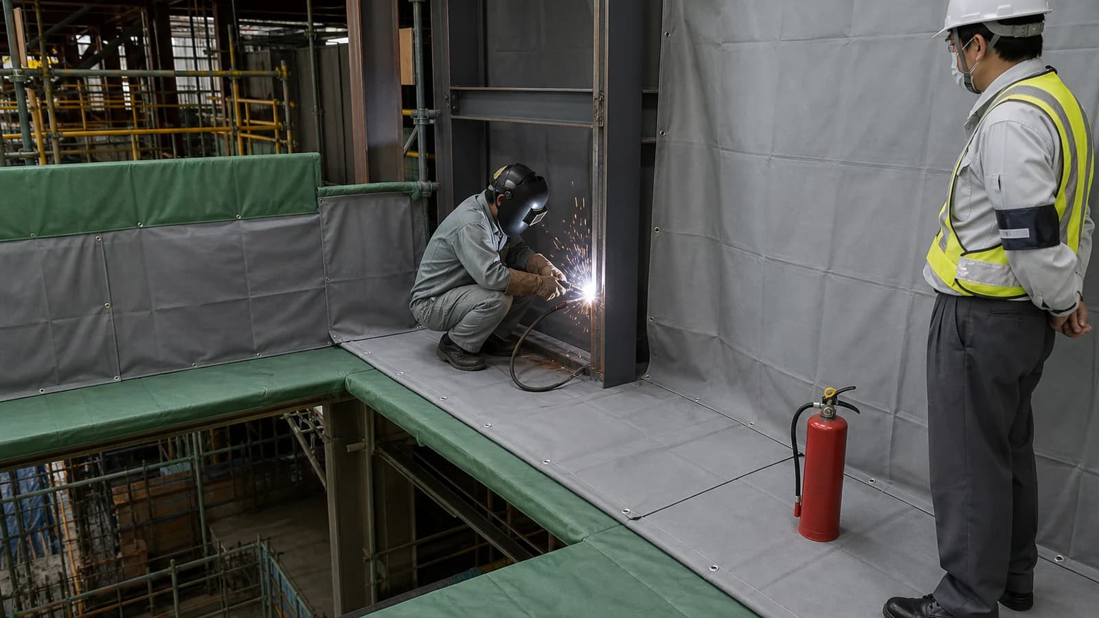 溶接作業の床・壁・階下をスパッタシートで養生する現場