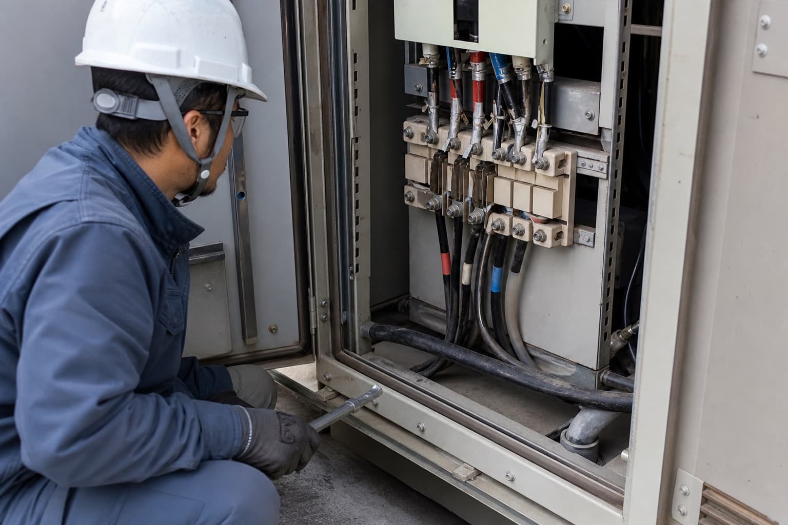 狭い盤前で工具の取り回しスペースを確認するイメージ