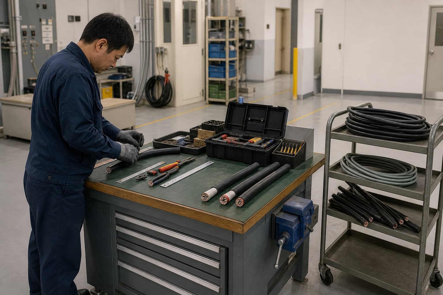 ケーブル切断工程で作業台・工具箱・運搬台車を整理したイメージ