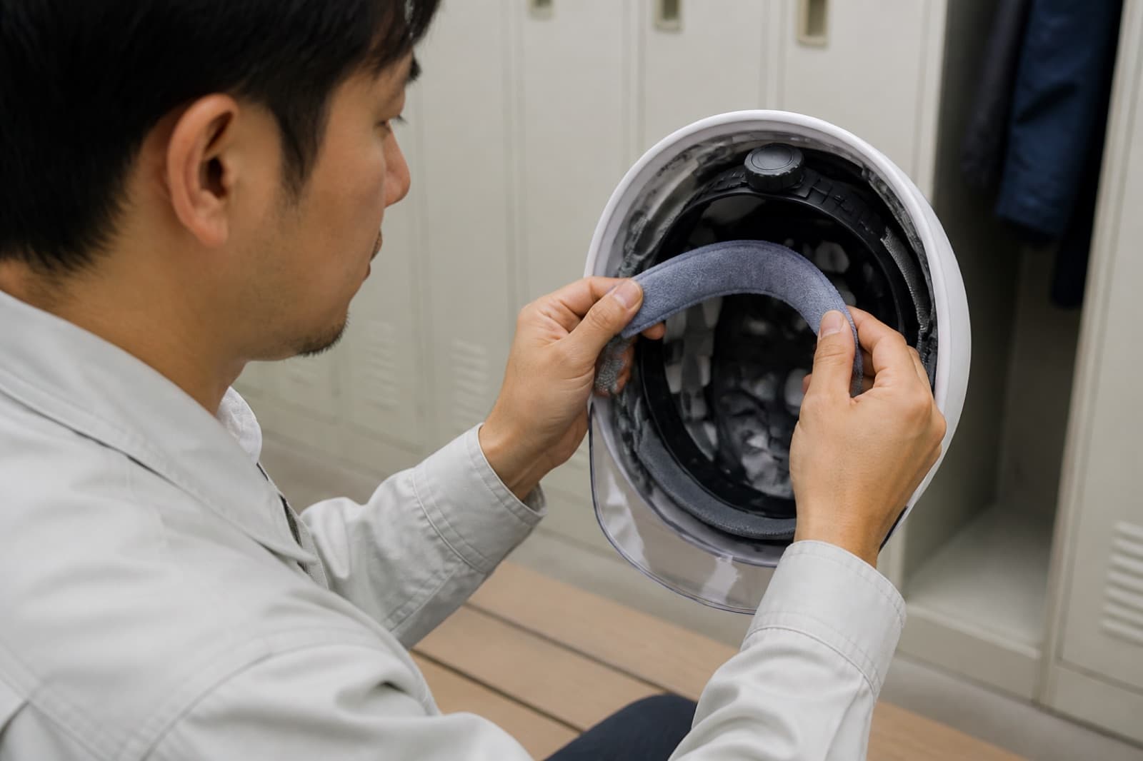 ヘルメットの額部分に汗取りパッドを装着するイメージ