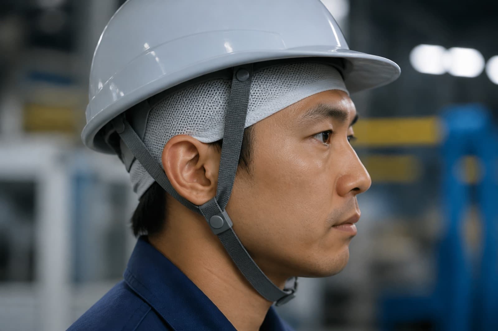 吸汗速乾インナーキャップを着用してヘルメットをかぶる作業者