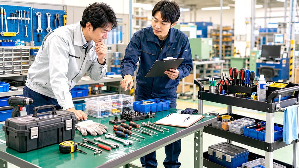 作業台まわりの工具整理を見直す工場担当者とツールワゴン