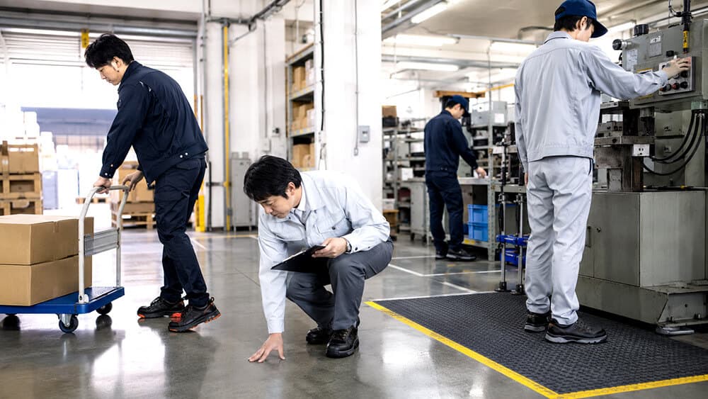 倉庫や工場で作業靴を用途別に選ぶイメージ