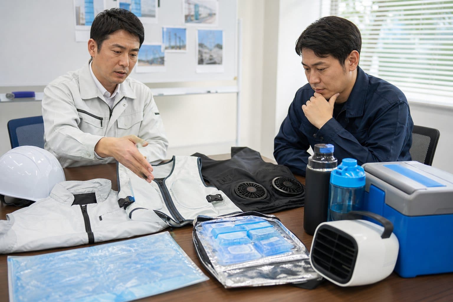 暑さ対策の作業服と周辺備品を法人が比較検討するイメージ