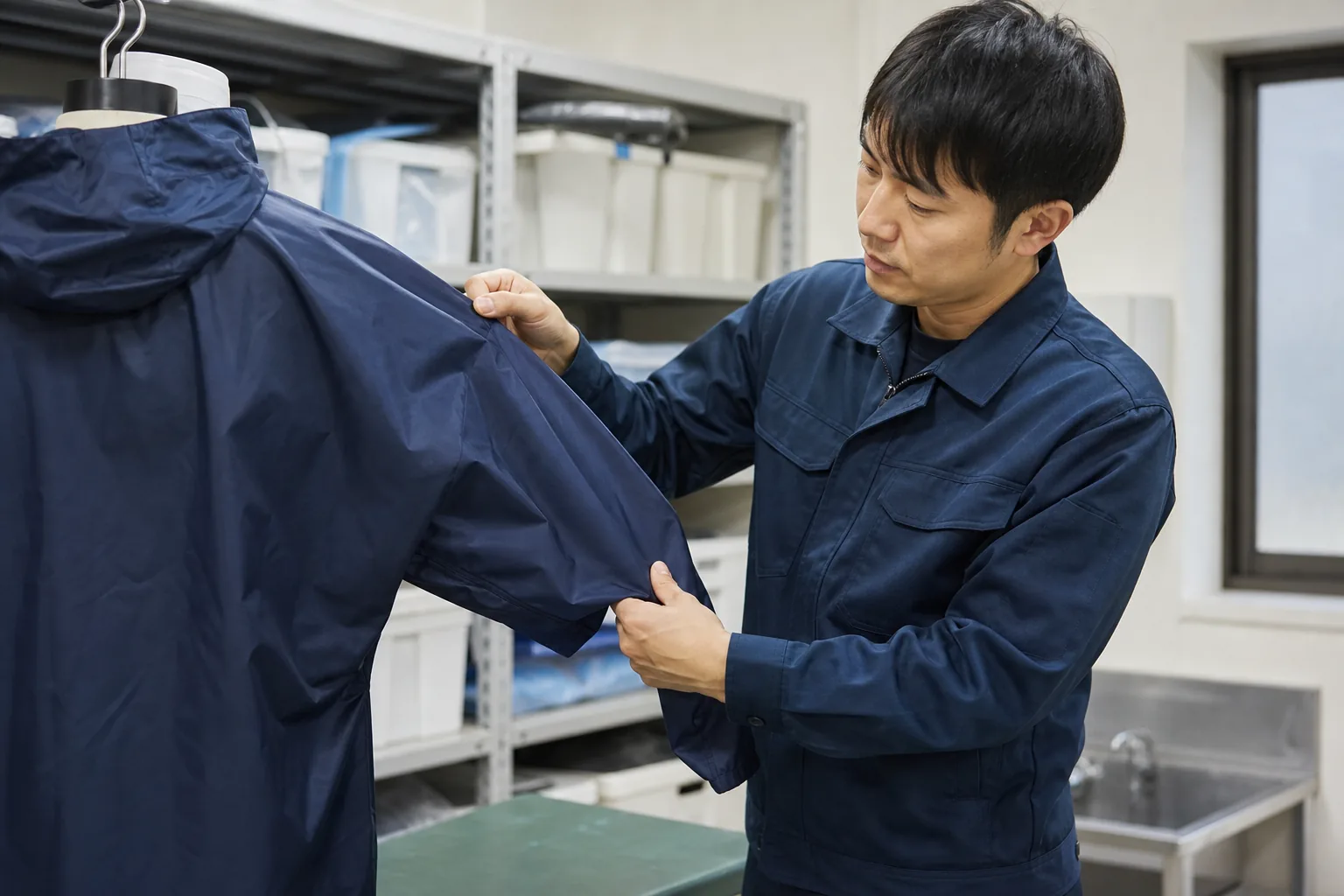 作業着の表面状態を確認しながら撥水メンテナンスを行うイメージ