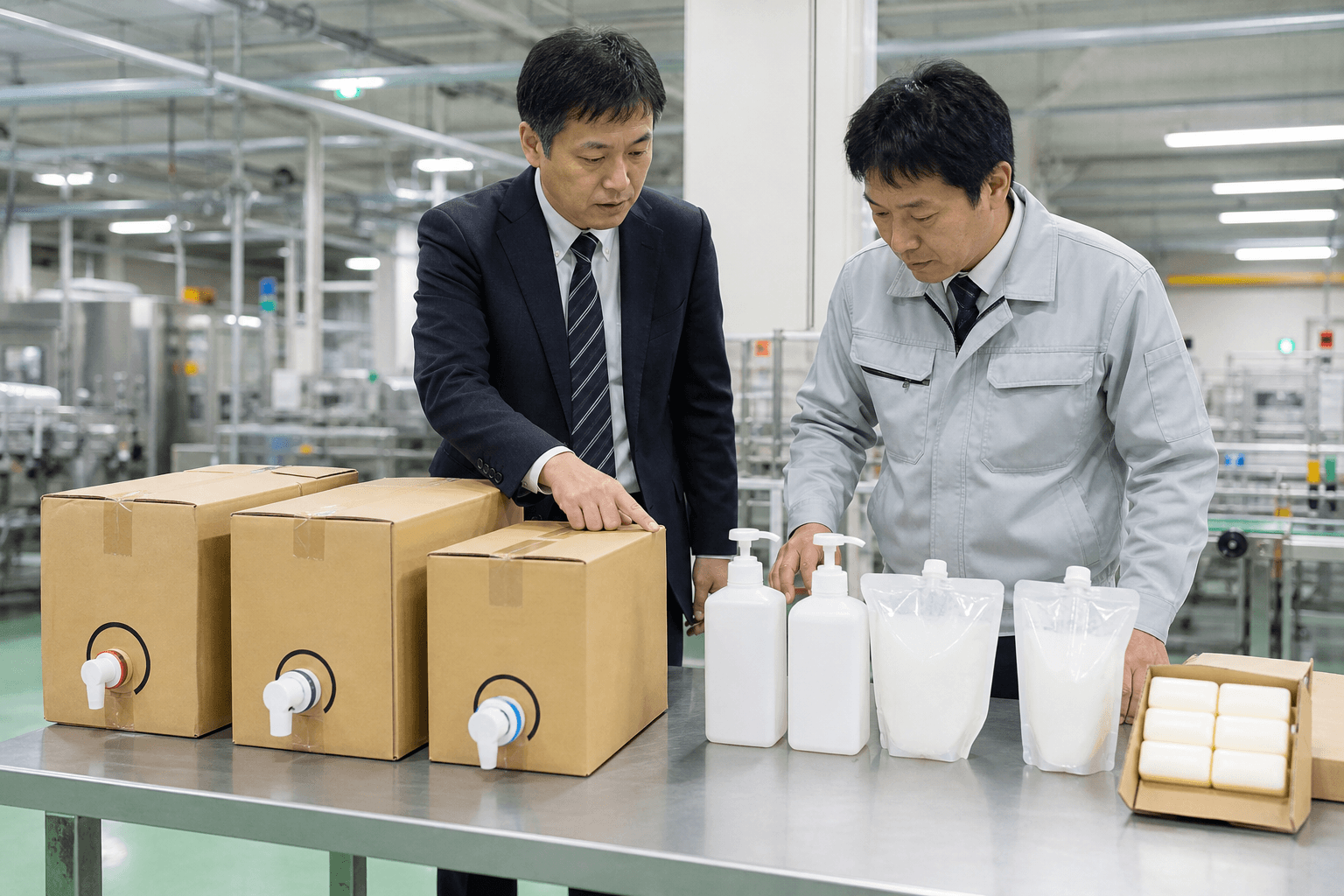 工場の購買担当者が18L・20Lの業務用ハンドソープとポンプ容器を比較するイメージ