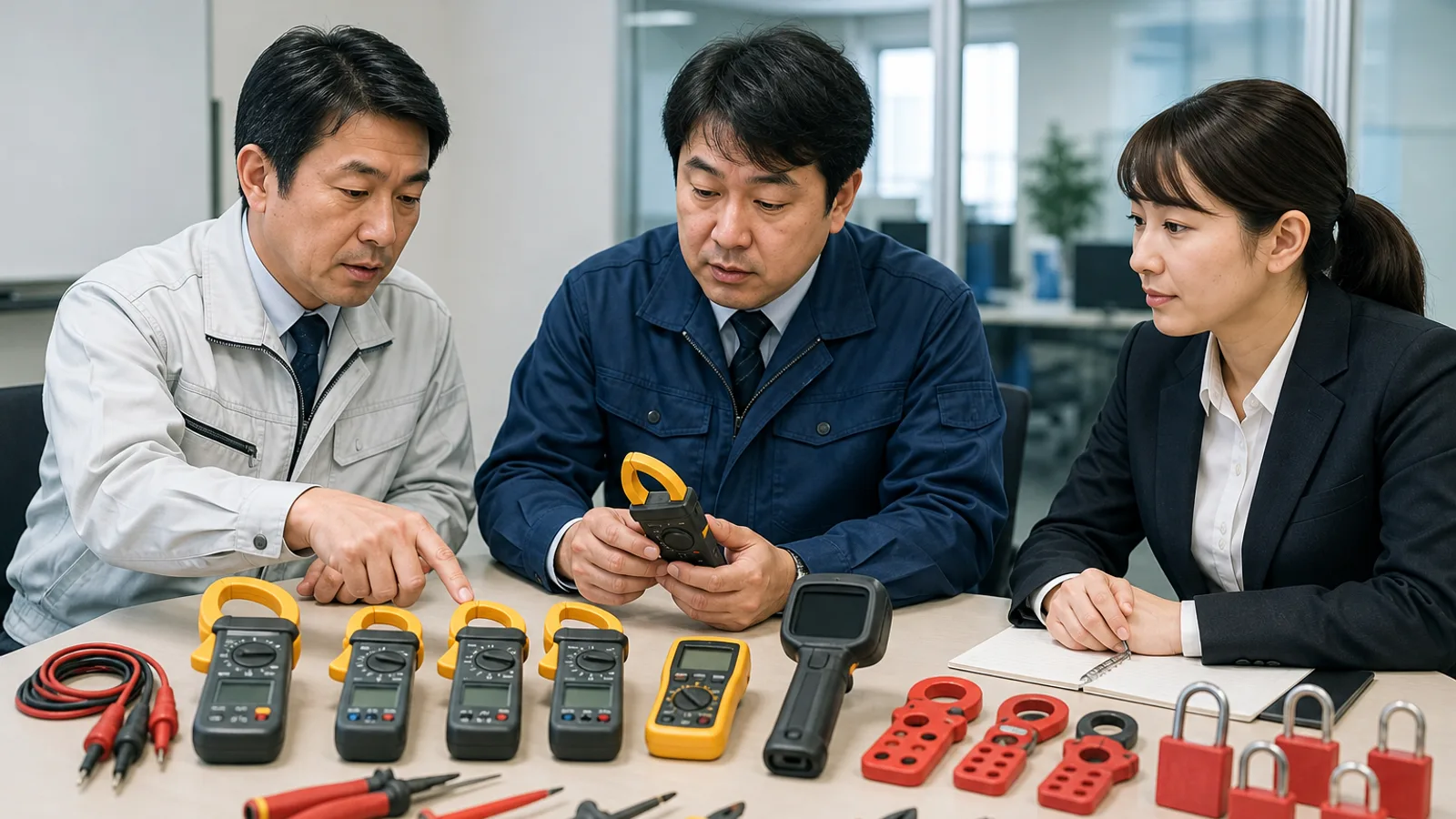 法人担当者がクランプメーターと電気工事工具を比較するイメージ